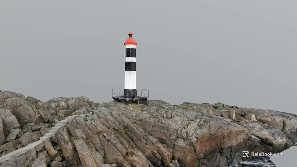 Red And Black White Lighthouse Tower Standing On Rocky Coastal Area 3d model 