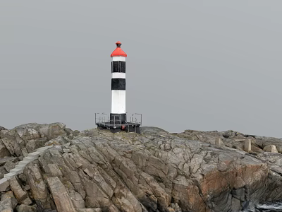 Red And Black White Lighthouse Tower Standing On Rocky Coastal Area 3d model