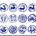 Traditional Chinese Blue Circular Patterns With Dragon Deer Fish And Bat Designs
