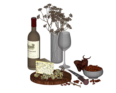 Wine Bottle and Wine Glass with Cheese on Wooden Board Nuts in Bowl Dried Flowers 3d model