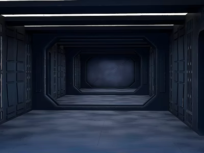 Futuristic Industrial Corridor Featuring Metallic Frames Dark Interior And Gray Floor 3d model