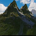 Lush Mountainous Garden Landscape With Green Slopes And Snowy Peaks