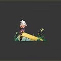 Woman With White Hair Blue Eyes Red Striped Scarf On Yellow School Platform Green Plants