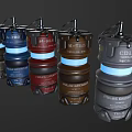 Various Military Grenades With Blue Glowing Elements And Labels Including SHOCK ICEX MODERN CLASSIC