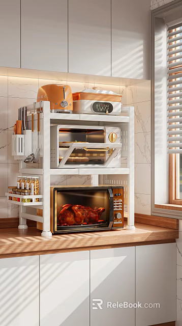 White Multi Tier Kitchen Storage Rack With Oven Microwave Knives Spice Bottles And Roasted Chicken 3d model 