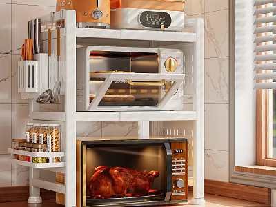 White Multi Tier Kitchen Storage Rack With Oven Microwave Knives Spice Bottles And Roasted Chicken 3d model