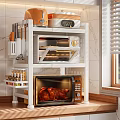 White Multi Tier Kitchen Storage Rack With Oven Microwave Knives Spice Bottles And Roasted Chicken
