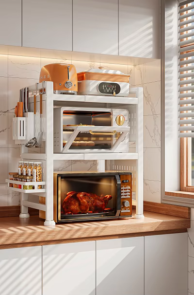 White Multi Tier Kitchen Storage Rack With Oven Microwave Knives Spice Bottles And Roasted Chicken 3d model