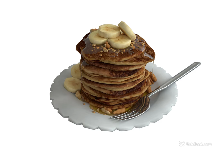 Fluffy Pancakes Stack Topped With Banana Slices Peanut Pieces Syrup On White Plate With Fork 3d model 