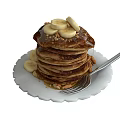 Fluffy Pancakes Stack Topped With Banana Slices Peanut Pieces Syrup On White Plate With Fork