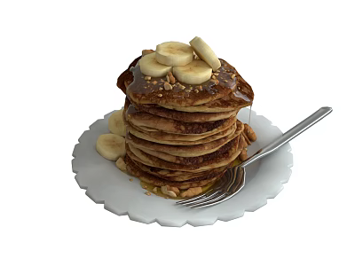Fluffy Pancakes Stack Topped With Banana Slices Peanut Pieces Syrup On White Plate With Fork 3d model