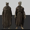 Ancient Skeleton King Figure With Tattered Robe And Crown Front Back Views