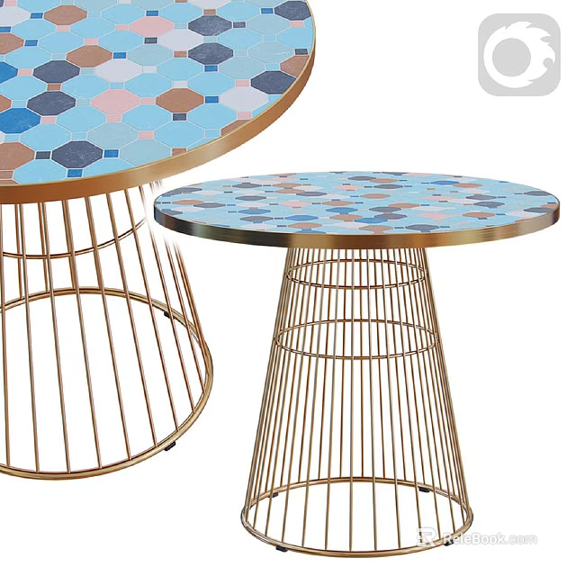 Pair of Stylish Round Side Tables With Colorful Mosaic Tabletops And Gold Metal Wire Bases 3d model 