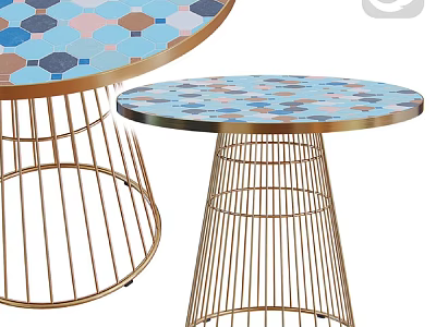 Pair of Stylish Round Side Tables With Colorful Mosaic Tabletops And Gold Metal Wire Bases 3d model
