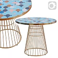 Pair of Stylish Round Side Tables With Colorful Mosaic Tabletops And Gold Metal Wire Bases