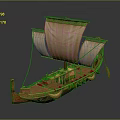 Ancient Wooden Water Vessel with Multiple Sails Oars and Decorative Hull Design