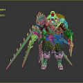 Green And Blue Armored Muscular Warrior With Spiked Blades And Ornate Details