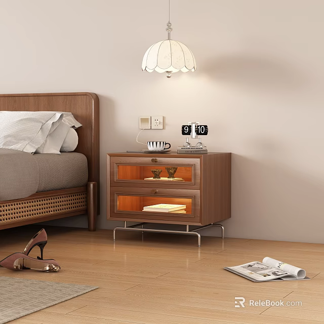 Modern Wooden Bedside Nightstand Design With Lamp Drawers And Bedroom Storage 3d model 