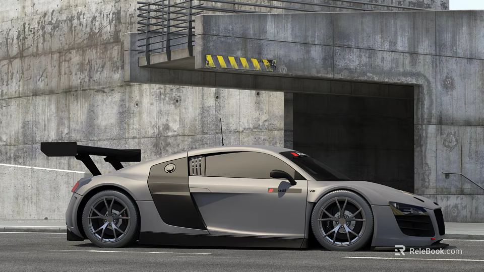 Gray High Performance Sports Car Parked Under Concrete Structure With Yellow Black Warning Stripes 3d model 