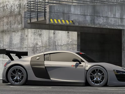 Gray High Performance Sports Car Parked Under Concrete Structure With Yellow Black Warning Stripes 3d model