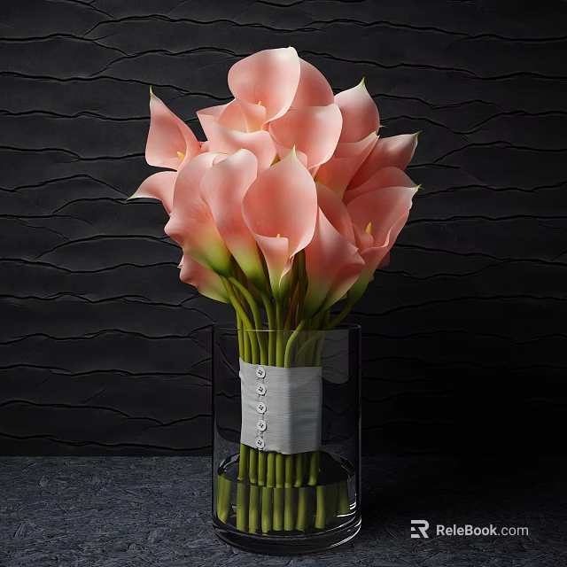 Pink Calla Lilies in Transparent Vase with Gray Ribbon Against Black Wavy Textured Wall 3d model 