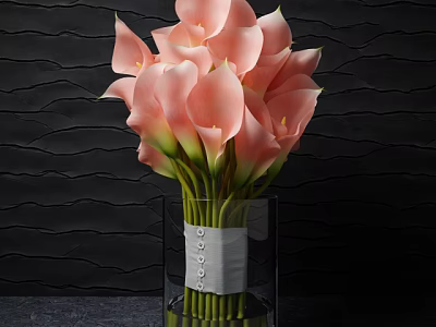 Pink Calla Lilies in Transparent Vase with Gray Ribbon Against Black Wavy Textured Wall 3d model