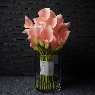 Pink Calla Lilies in Transparent Vase with Gray Ribbon Against Black Wavy Textured Wall 3d model
