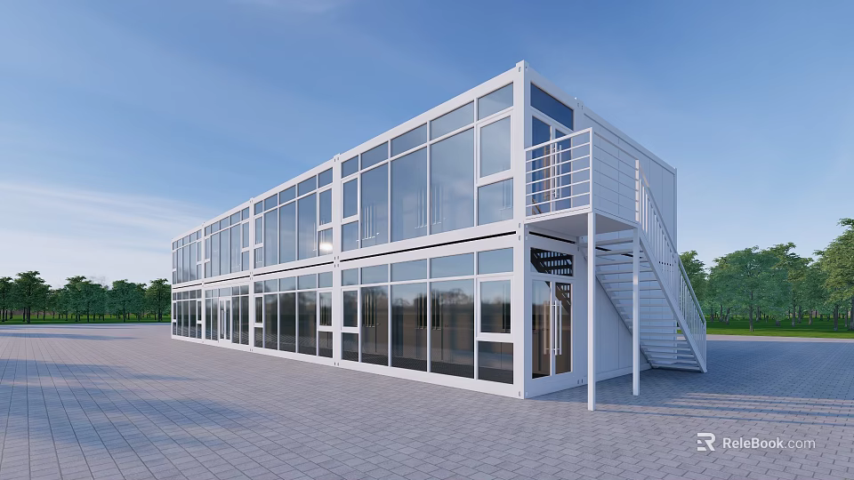 White Two Story Container Building With Large Glass Windows Balcony And Staircase 3d model 