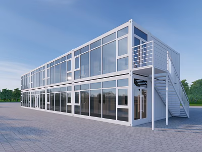White Two Story Container Building With Large Glass Windows Balcony And Staircase 3d model