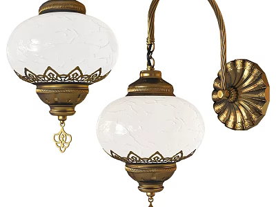 Vintage Wall Lamps With White Glass Shades And Golden Carved Bases 3d model