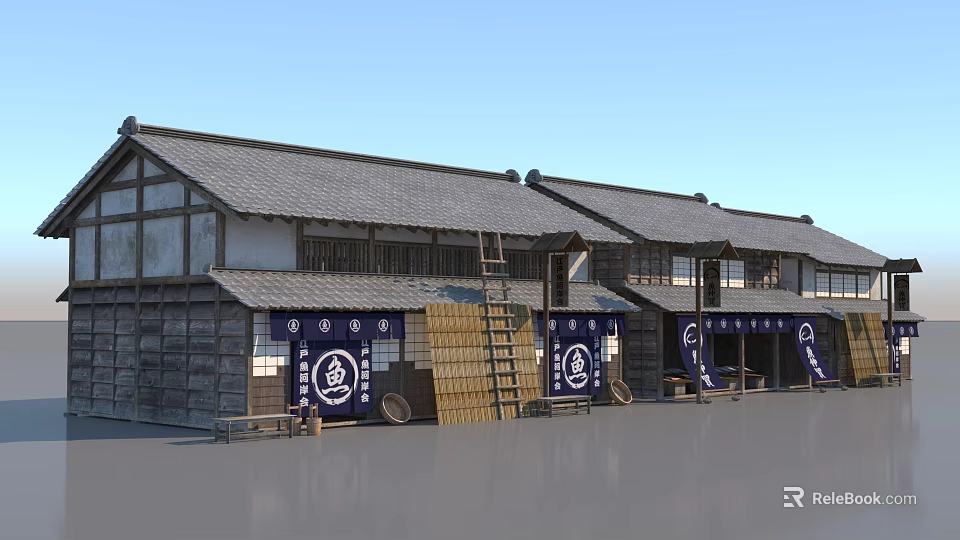 Traditional Japanese Wooden Buildings With Tile Roof Blue Banners White Symbols And Wooden Barrels 3d model 