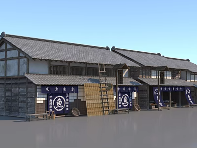 Traditional Japanese Wooden Buildings With Tile Roof Blue Banners White Symbols And Wooden Barrels 3d model