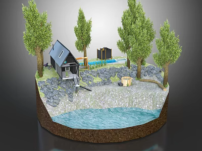 Cartoon Scene With Small House Green Trees Pond And Rocky Ground 3d model