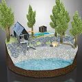 Cartoon Scene With Small House Green Trees Pond And Rocky Ground