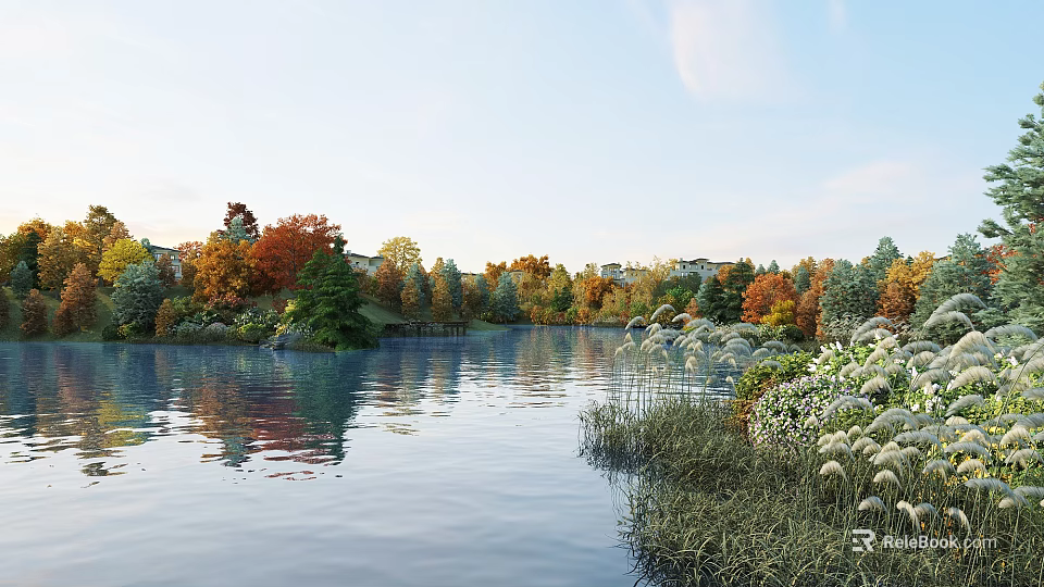 Picturesque Autumn Lake Scene With Colorful Trees Calm Water And Sky Reflections 3d model 