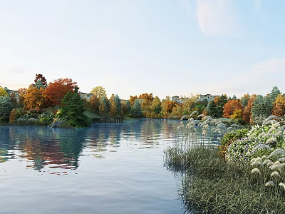 Picturesque Autumn Lake Scene With Colorful Trees Calm Water And Sky Reflections 3d model