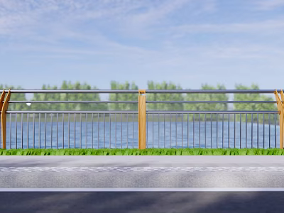Modern Metal And Wooden Fence Along Lakeside With Green Grass And Road 3d model
