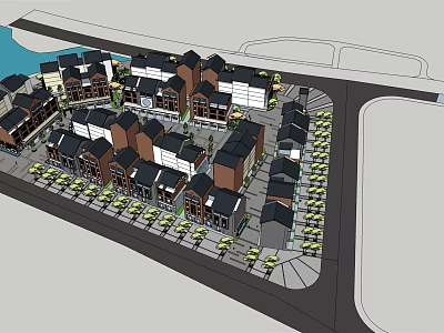 Modern Commercial Street With Buildings Greenery Shop Fronts And Pedestrian Areas 3d model