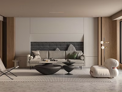 Modern Living Room Interior Design With Gray Sofa Geometric Rug Wooden Accents And Decorative Wall 3d model
