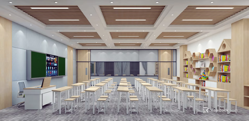 Modern School Classroom Interior With Smart Board Student Desks Bookshelves And Wooden Ceiling 3d model 