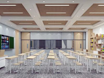 Modern School Classroom Interior With Smart Board Student Desks Bookshelves And Wooden Ceiling 3d model