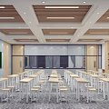 Modern School Classroom Interior With Smart Board Student Desks Bookshelves And Wooden Ceiling