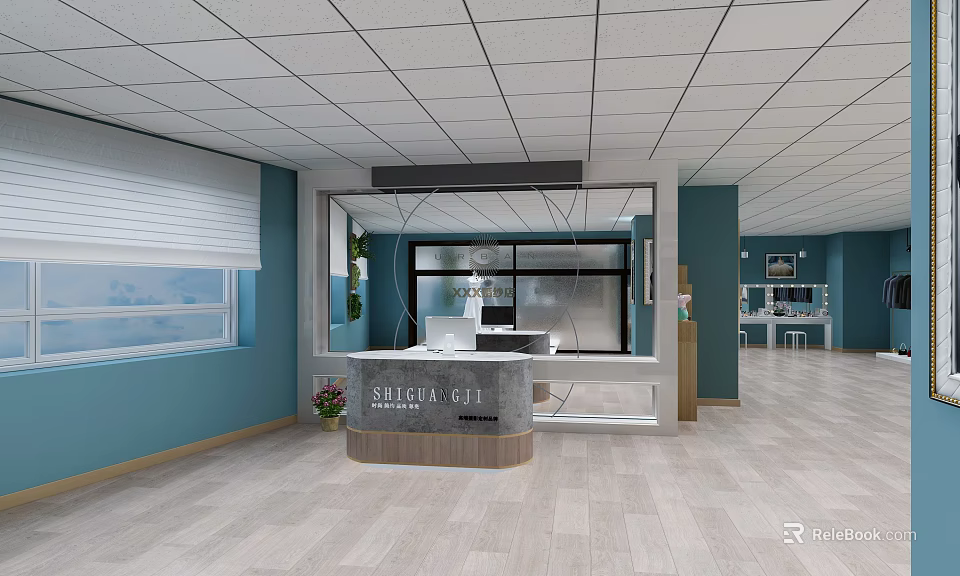 Bridal Couture Wedding Dress Shop With Blue Walls Reception Desk White Ceiling And Wooden Floor 3d model 