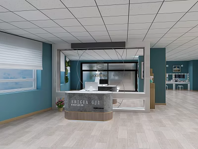 Bridal Couture Wedding Dress Shop With Blue Walls Reception Desk White Ceiling And Wooden Floor 3d model