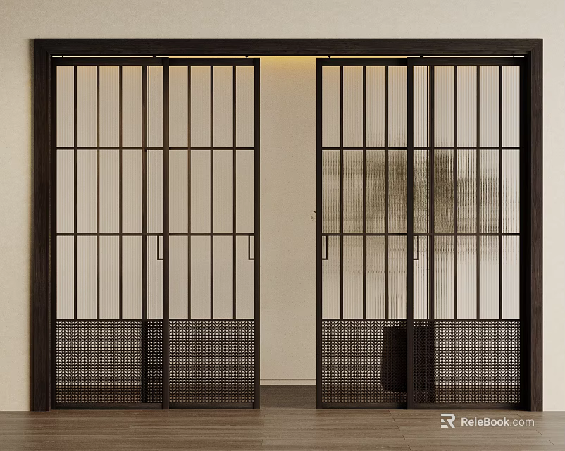 Modern Black Sliding Doors With Vertical Bars And Bottom Grid Panels 3d model