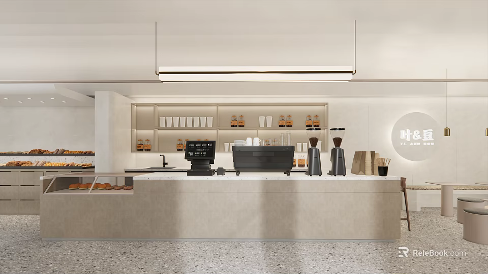 Modern Café Interior Design Featuring Counter Coffee Machines Baked Goods Display And Shelves 3d model 