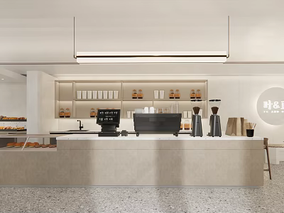 Modern Café Interior Design Featuring Counter Coffee Machines Baked Goods Display And Shelves 3d model