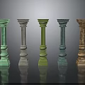 Classical Style Columns In Various Colors Arranged On Reflective Black Surface