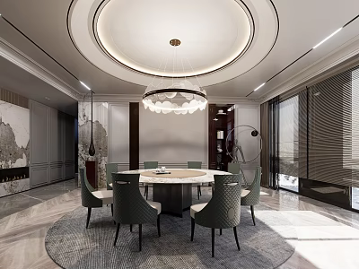 Elegant Modern Restaurant Interior With Round Dining Table Chandelier And Marble Floor 3d model