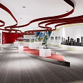 Modern Exhibition Hall Interior With Red Curved Ceiling Decor White Displays And City Silhouette Models